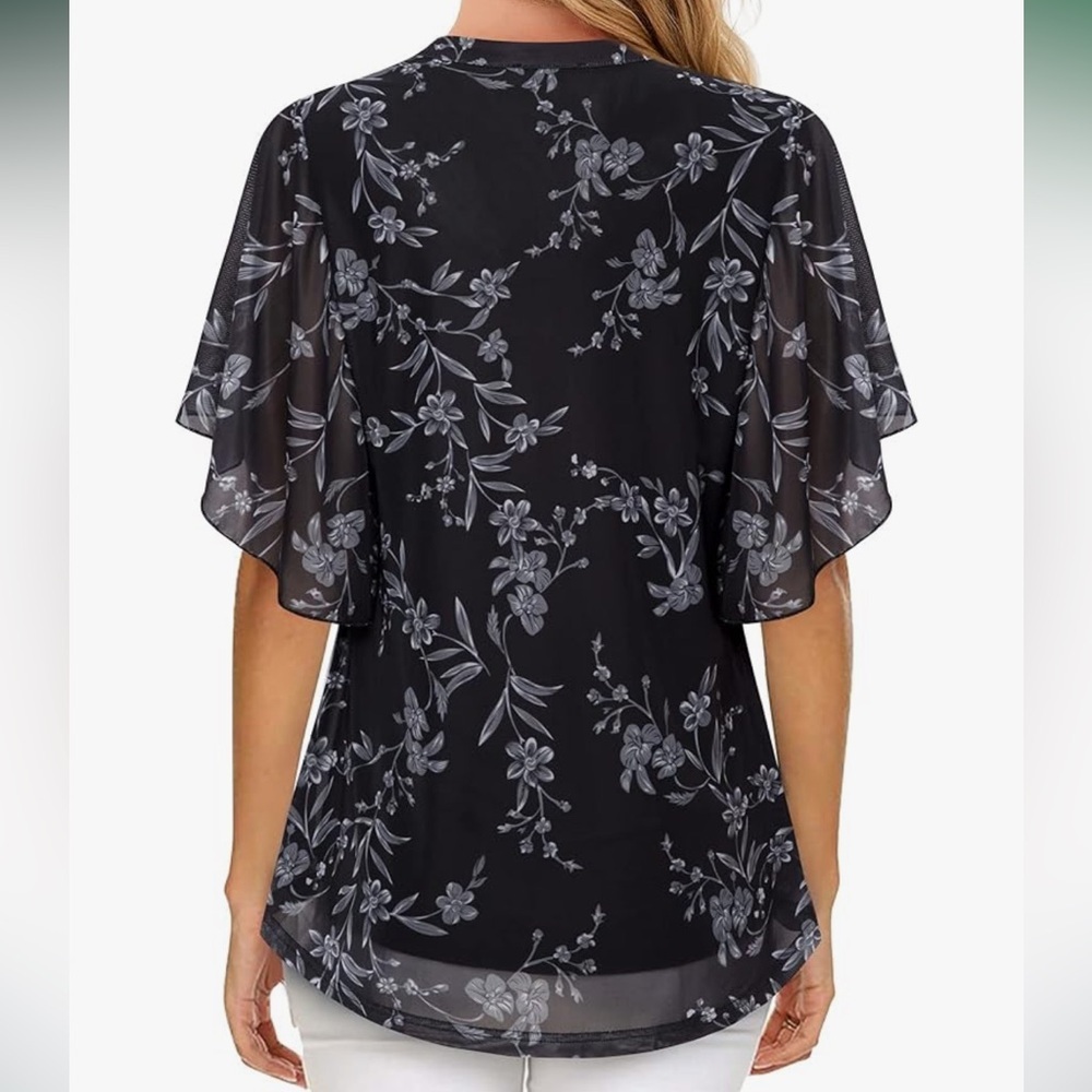 Timeson Women's Short Sleeve V Neck Blouse Floral Tunic top, XXL. NWT. Black - Picture 2 of 14